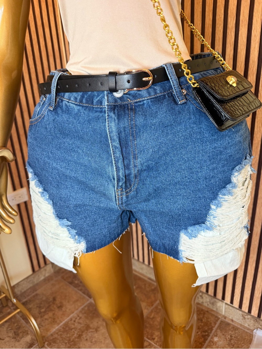 Fashion Nova Distressed Blue High-Rise Denim Shorts